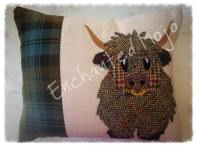 Harris Tweed Highland cow cushion by Enchanted Mojo Sarahjayne